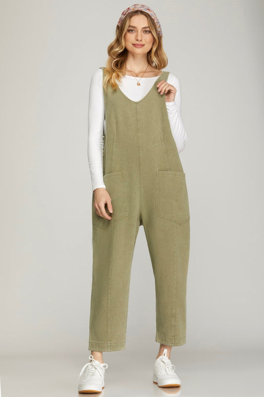 RELAXED FIT WASHED TWILL JUMPSUIT WITH POCKETS - Gopher Lane Boutique & Gifts