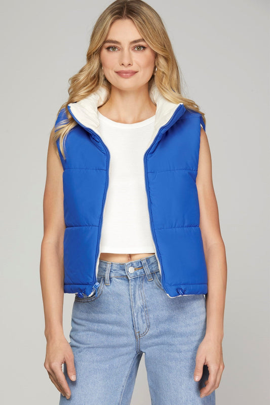 REVERSIBLE ZIP UP DRAWSTRING PUFFER VEST WITH SIDE POCKETS - Gopher Lane Boutique & Gifts