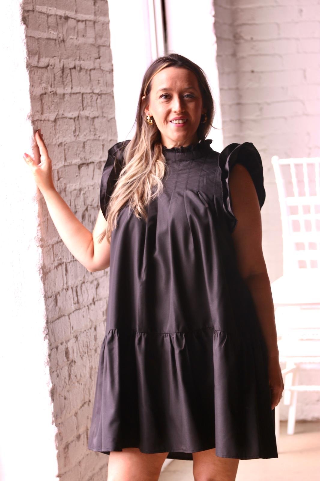 RUFFLE SLEEVE BLACK DRESS - Gopher Lane Boutique & Gifts