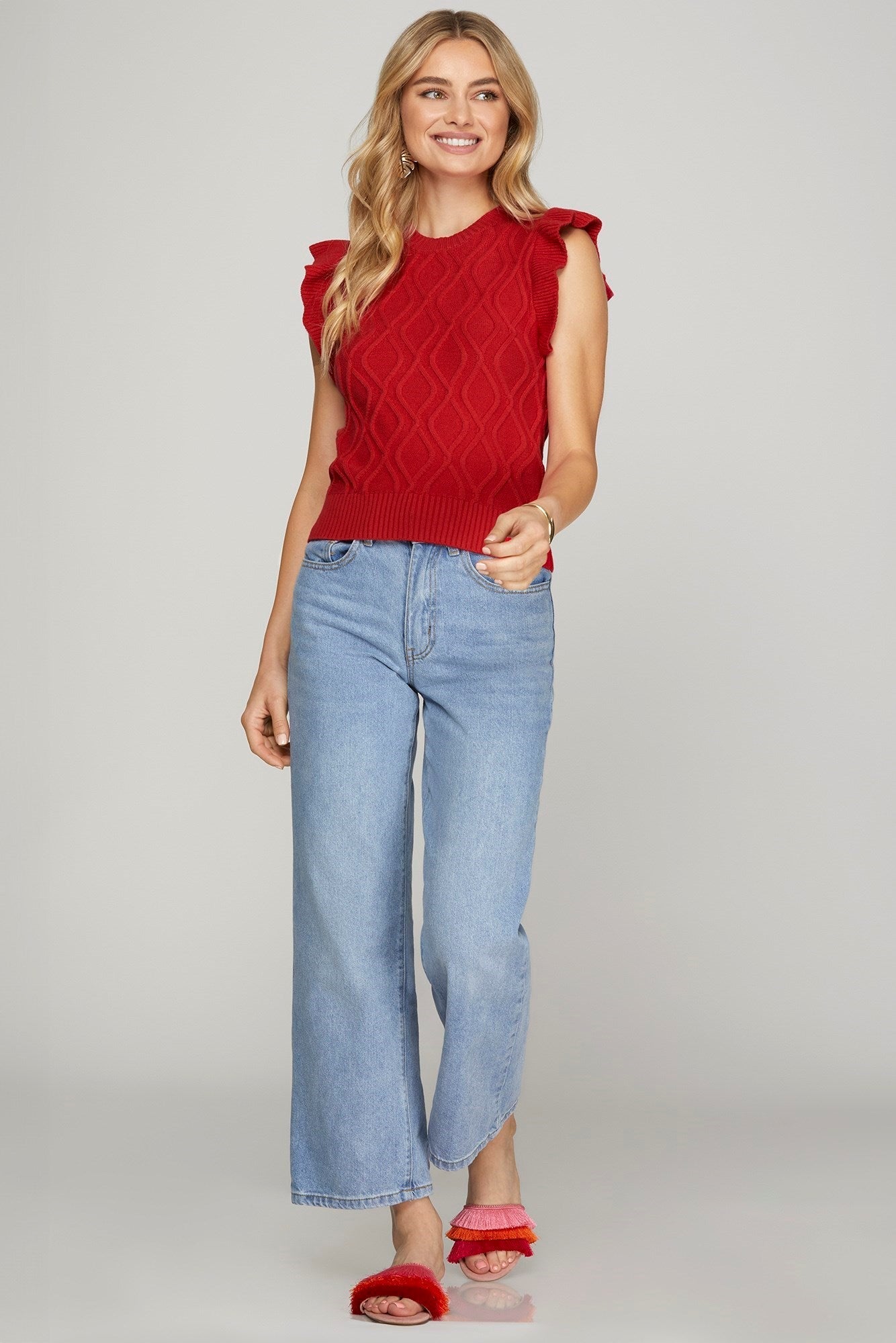 RUFFLED SLEEVE CABLE KNIT SWEATER - Gopher Lane Boutique & Gifts