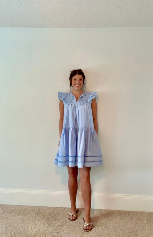 SERENE BLUE FLUTTER SLEEVE DRESS - Gopher Lane Boutique & Gifts