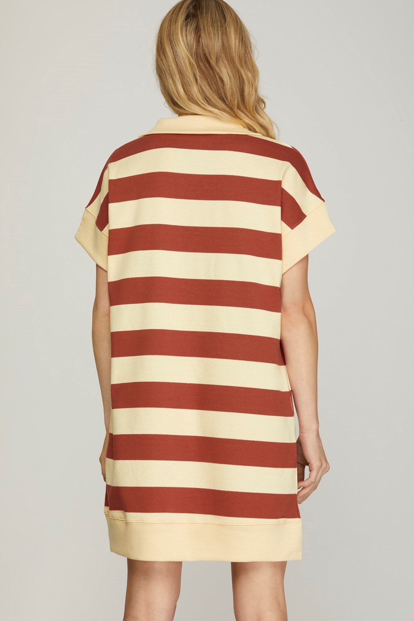 SHORT SLEEVE HALF ZIP STRIPED FRENCH TERRY DRESS WITH SIDE POCKET - Gopher Lane Boutique & Gifts