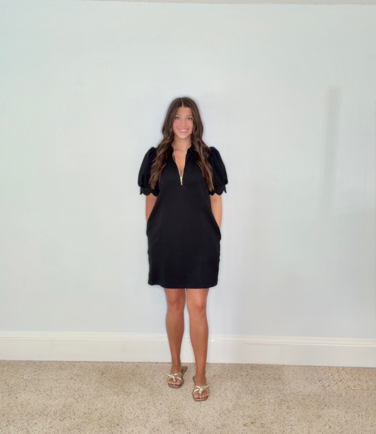 SIENNA GOLD - ZIP SCALLOPED PUFF SLEEVE MINI DRESS - Gopher Lane Boutique & Gifts