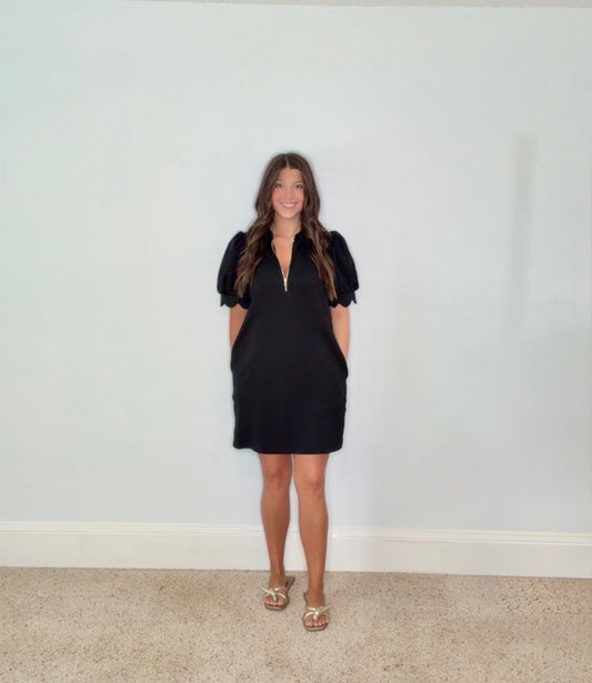 SIENNA GOLD - ZIP SCALLOPED PUFF SLEEVE MINI DRESS - Gopher Lane Boutique & Gifts