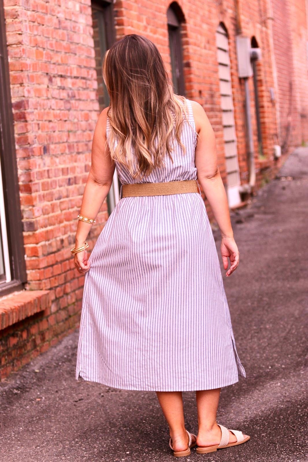 SLEEVELESS STRIPED DRESS WITH BELT - Gopher Lane Boutique & Gifts