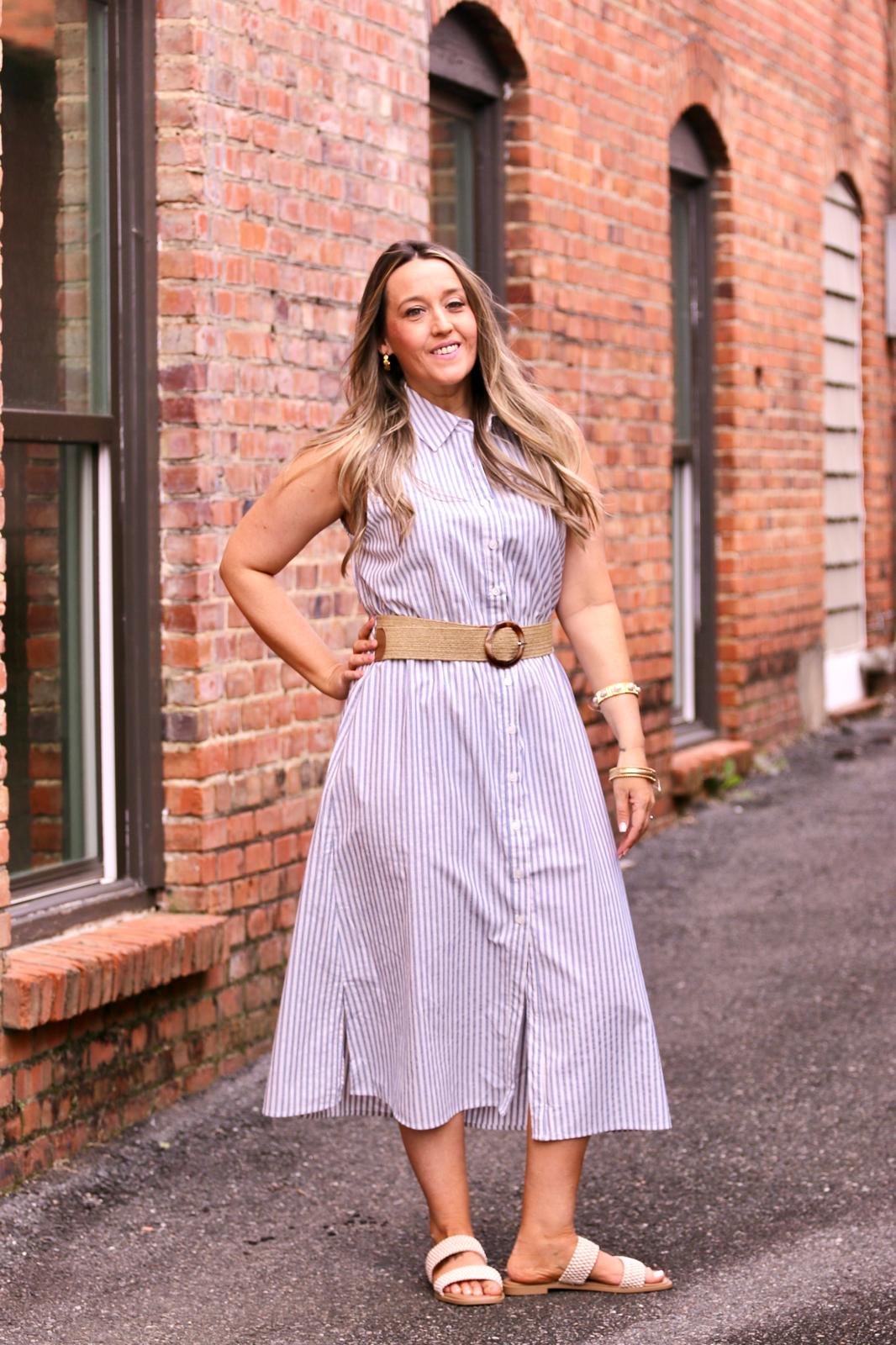 SLEEVELESS STRIPED DRESS WITH BELT - Gopher Lane Boutique & Gifts