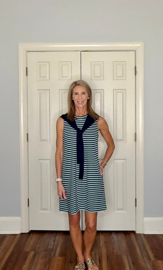 TESSA NAVY STRIPED DRESS WITH ATTACHED SWEATER - Gopher Lane Boutique & Gifts