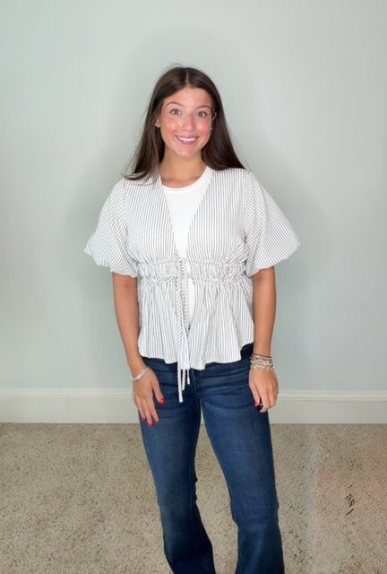 THE BELLA STRIPED TIE-FRONT PEPLUM BLOUSE - Gopher Lane Boutique & Gifts