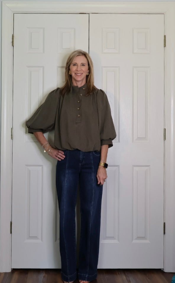 The Clara Button Up Puff Sleeve Blouse-Olive - Gopher Lane Boutique & Gifts
