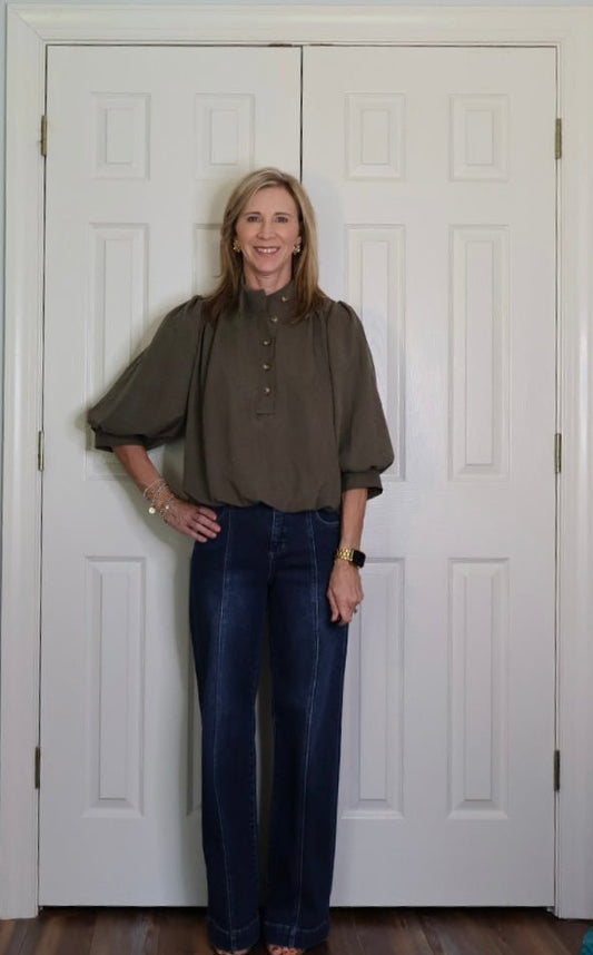The Clara Button Up Puff Sleeve Blouse-Olive - Gopher Lane Boutique & Gifts