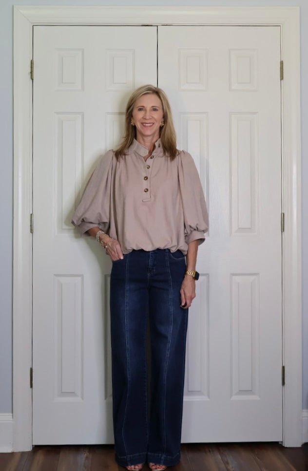 The Clara Button Up Puff Sleeve Blouse-Taupe - Gopher Lane Boutique & Gifts