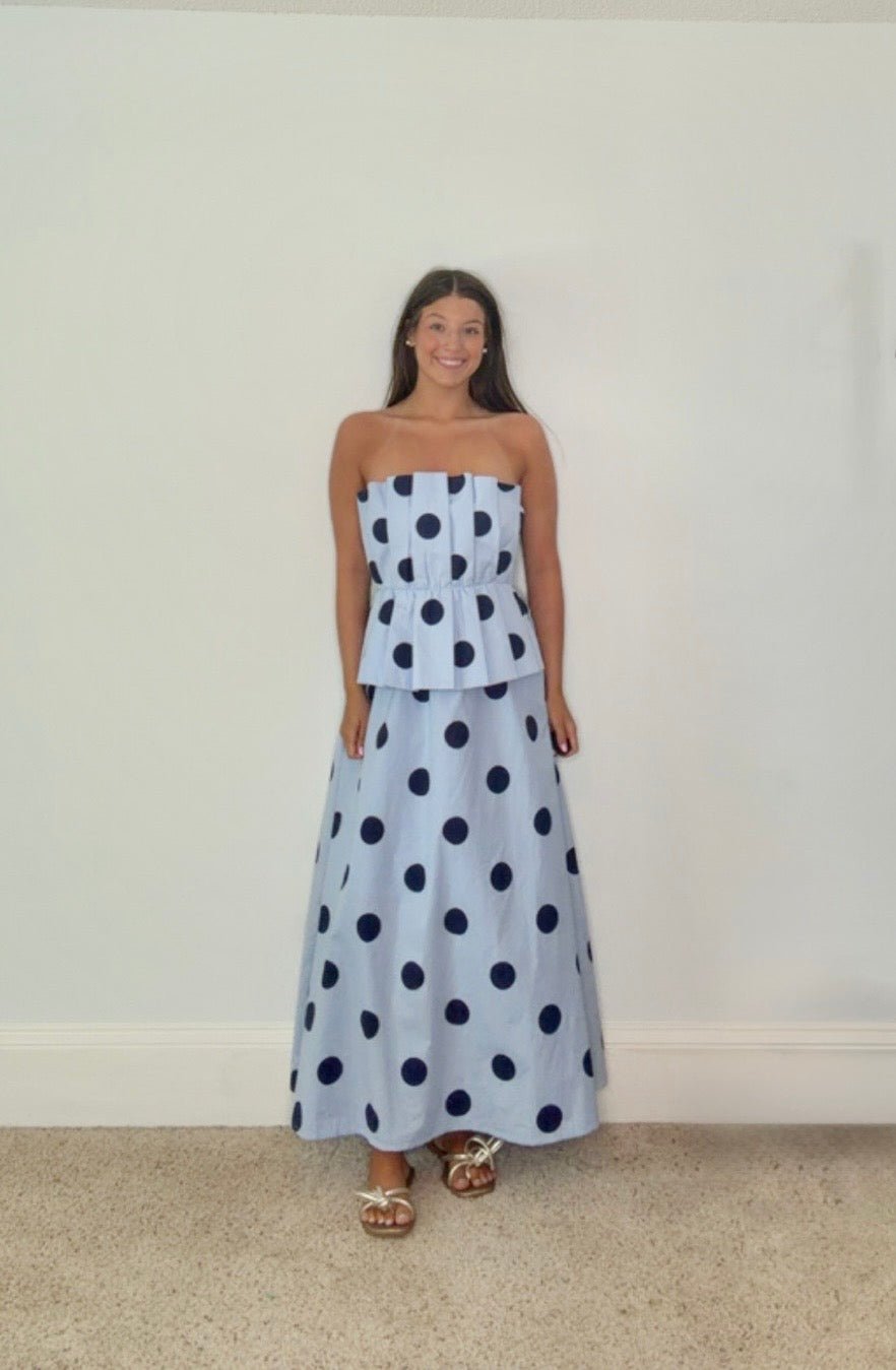 THE MARGOT: STRAPLESS POKLKA DOT MAXI DRESS - Gopher Lane Boutique & Gifts