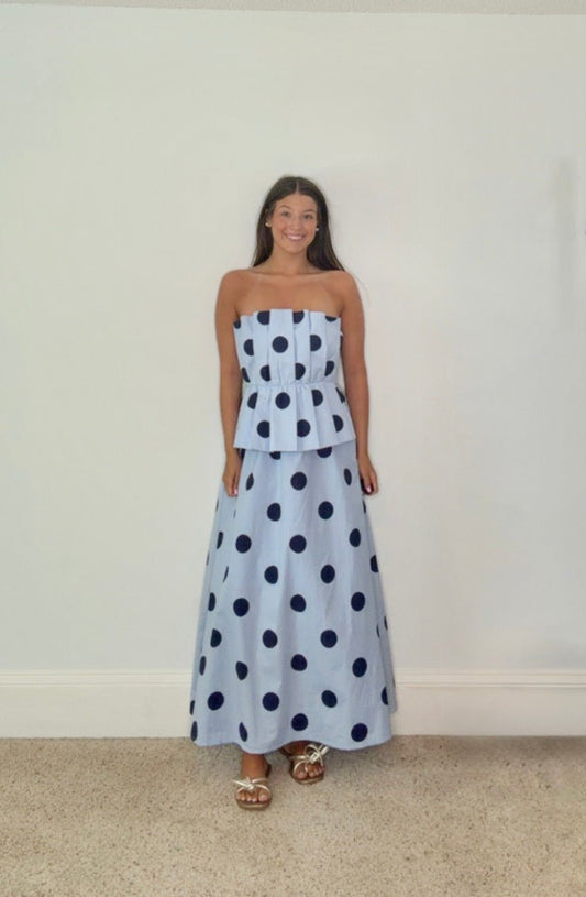 THE MARGOT: STRAPLESS POKLKA DOT MAXI DRESS - Gopher Lane Boutique & Gifts