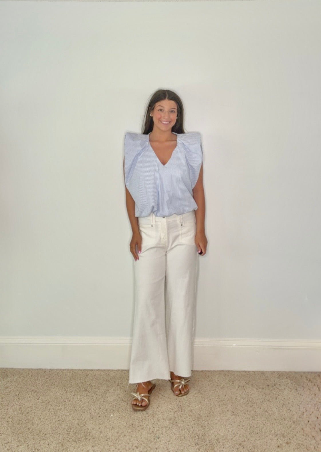 THE VIVIENNE FLUTTER SLEEVE PINSTRIPE TOP BY KARLIE - Gopher Lane Boutique & Gifts