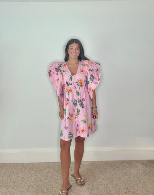 TROPICAL PUNCH FLUTTER SLEEVE MINI DRESS BY KARLIE - Gopher Lane Boutique & Gifts