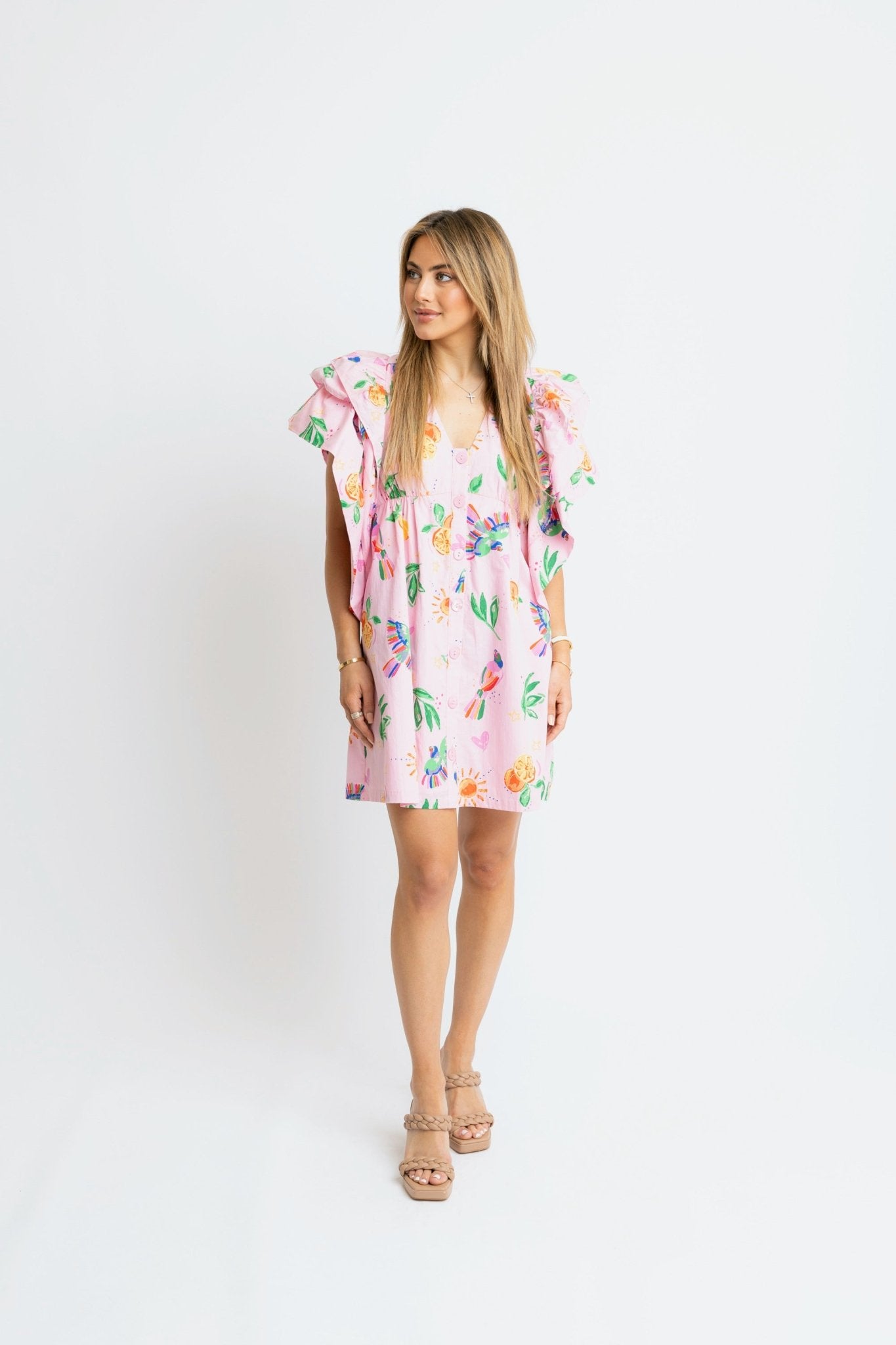 TROPICAL PUNCH FLUTTER SLEEVE MINI DRESS BY KARLIE - Gopher Lane Boutique & Gifts