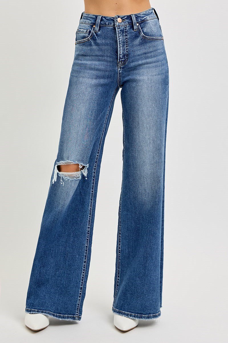 TUMMY CONTROL HIGH RISE WIDE LEG KNEE DISTRESS JEANS - Gopher Lane Boutique & Gifts