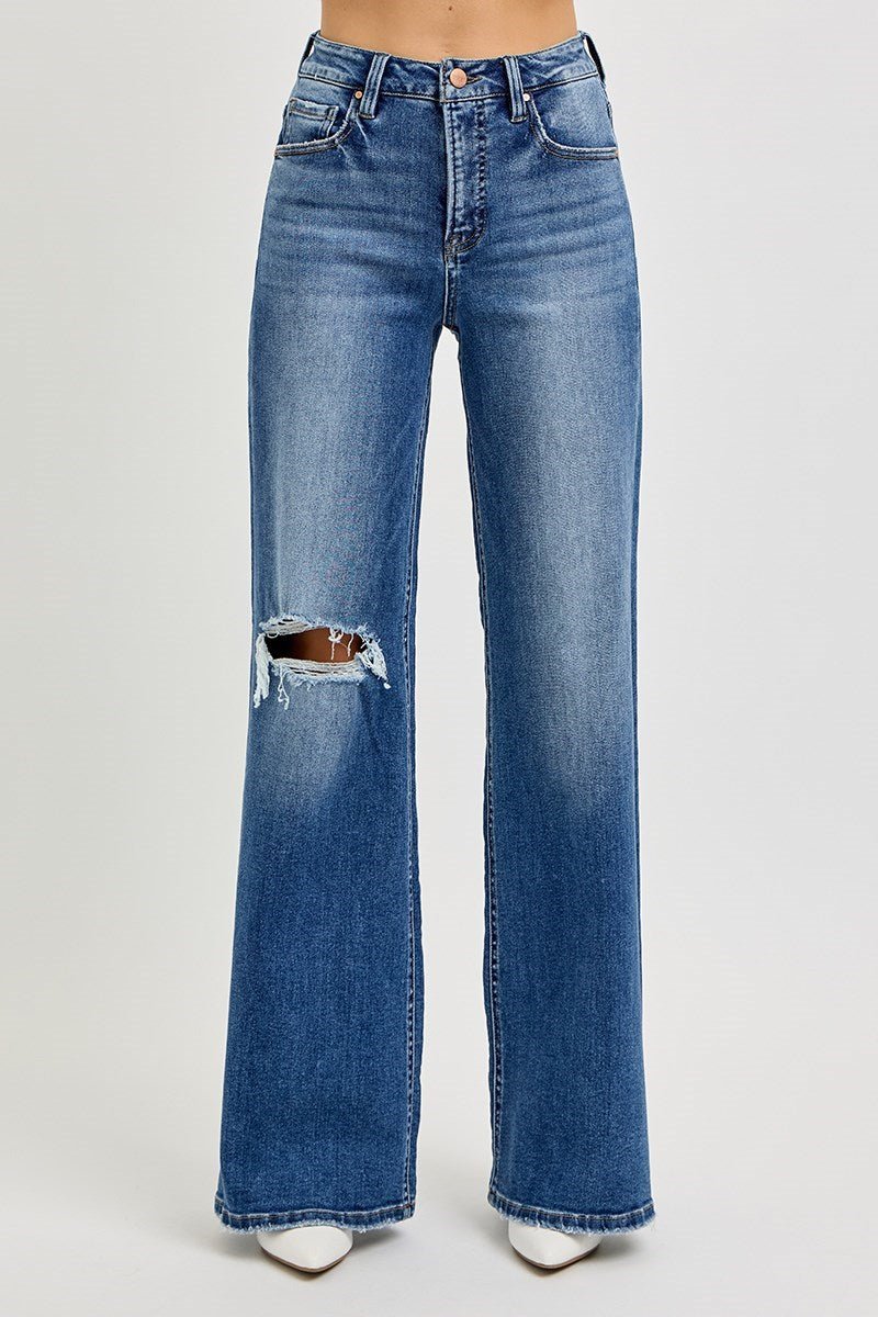 TUMMY CONTROL HIGH RISE WIDE LEG KNEE DISTRESS JEANS - Gopher Lane Boutique & Gifts