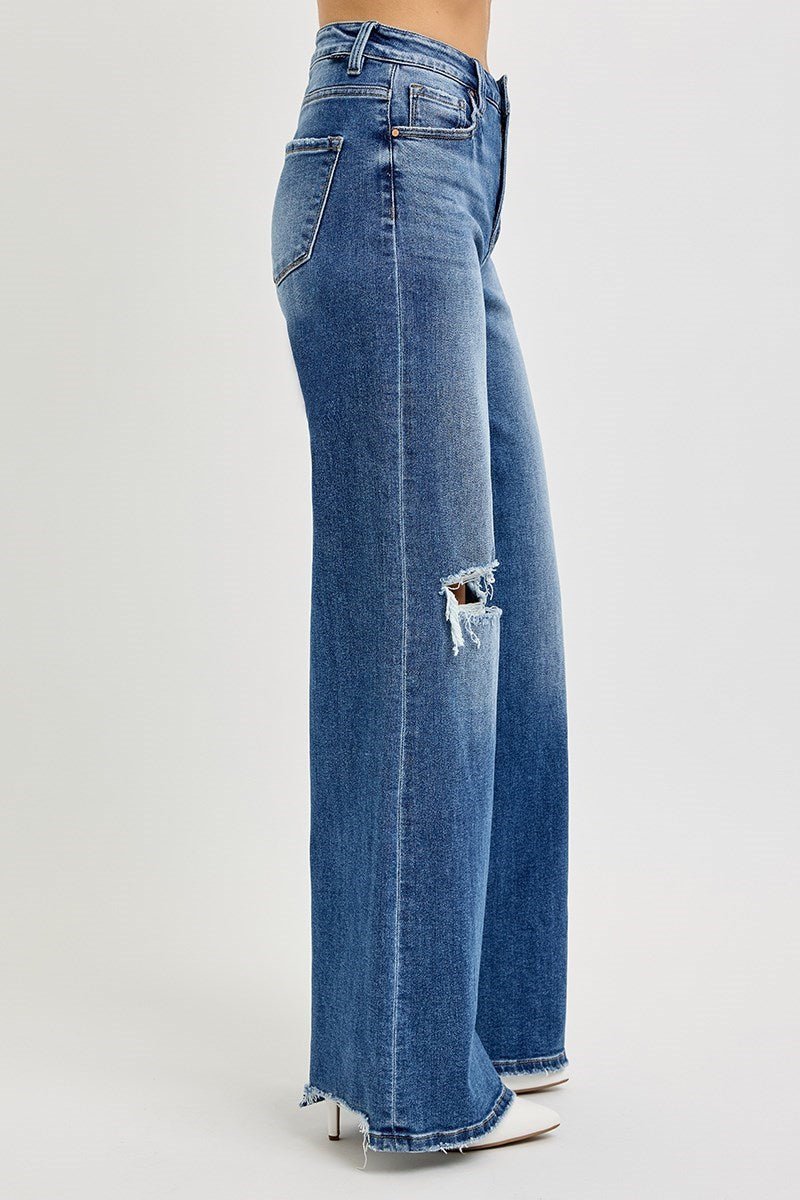 TUMMY CONTROL HIGH RISE WIDE LEG KNEE DISTRESS JEANS - Gopher Lane Boutique & Gifts
