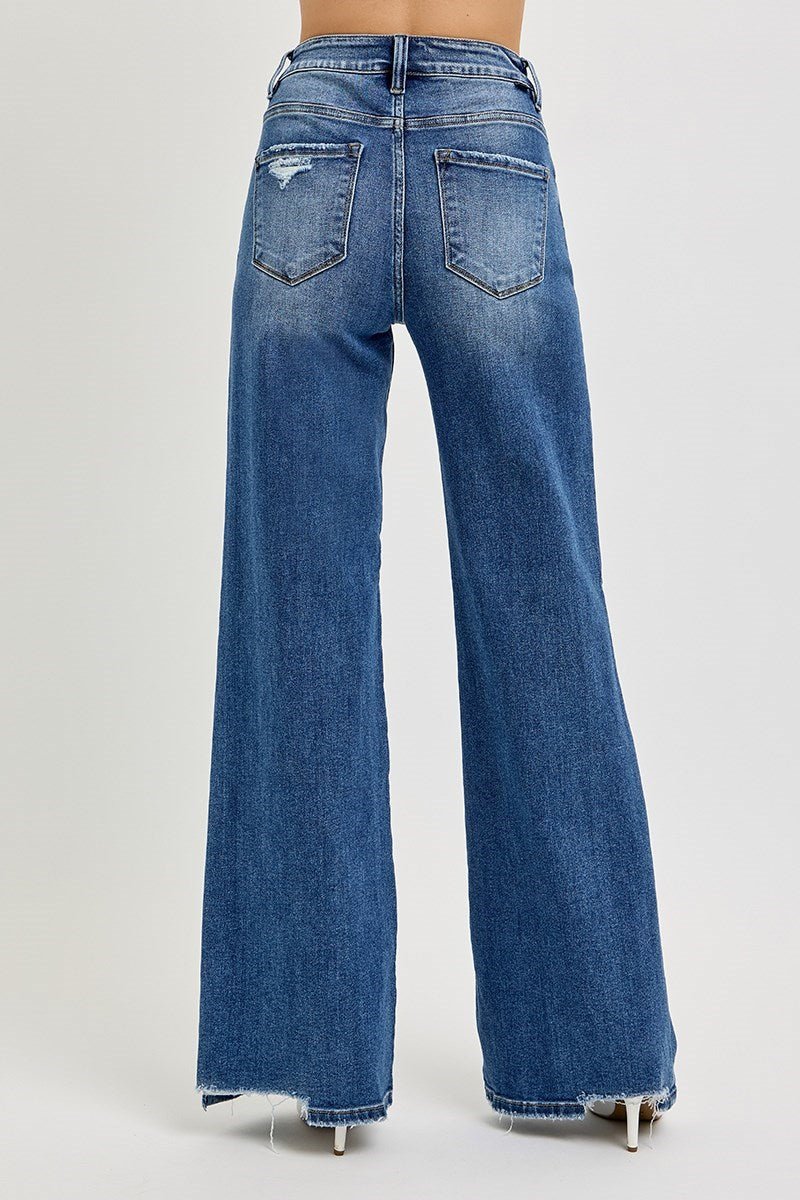 TUMMY CONTROL HIGH RISE WIDE LEG KNEE DISTRESS JEANS - Gopher Lane Boutique & Gifts