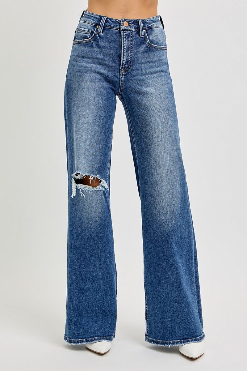 TUMMY CONTROL HIGH RISE WIDE LEG KNEE DISTRESS JEANS - Gopher Lane Boutique & Gifts