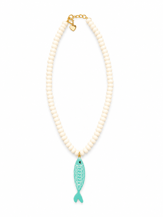 WHITE BEADED TEAL FISH CHARM NECKLACE - Gopher Lane Boutique & Gifts