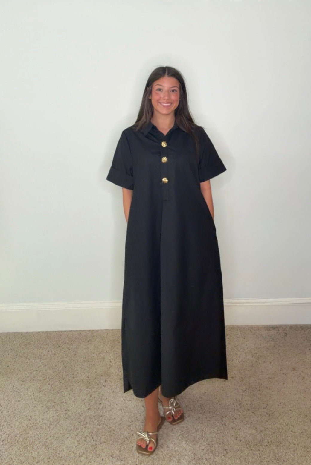 ZORA COLLARED GOLD BUTTON MIDI DRESS - Gopher Lane Boutique & Gifts