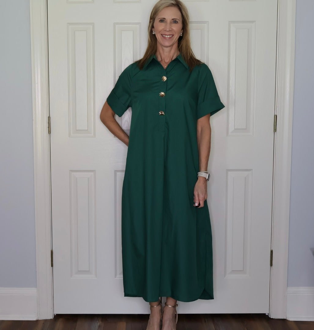ZORA COLLARED GOLD BUTTON MIDI DRESS- HUNTER GREEN - Gopher Lane Boutique & Gifts